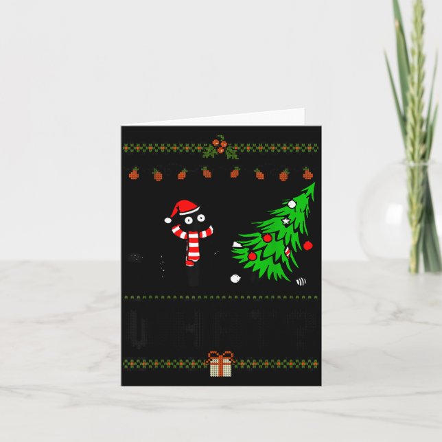 Funny Xmas Black Cat Pushing Christmas Tree Over C Kort (Framsida)