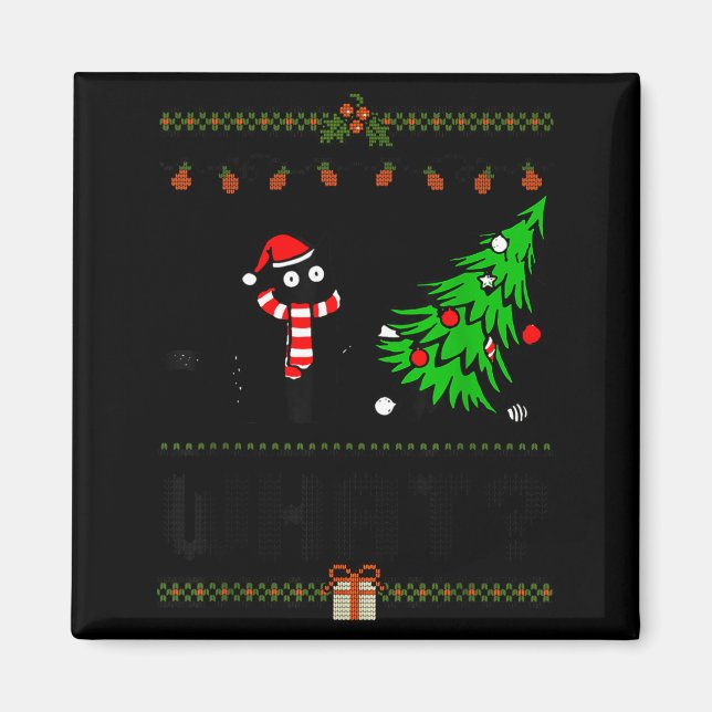 Funny Xmas Black Cat Pushing Christmas Tree Over C Magnet (Framsidan)