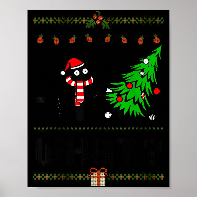 Funny Xmas Black Cat Pushing Christmas Tree Over C Poster (Framsidan)