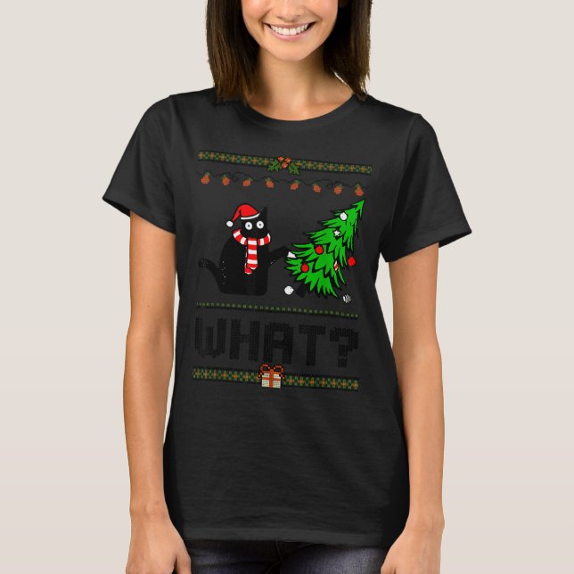 Funny Xmas Black Cat Pushing Christmas Tree Over C T Shirt (Framsida)