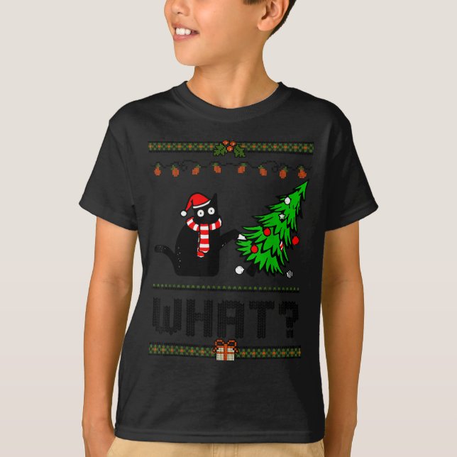 Funny Xmas Black Cat Pushing Christmas Tree Over C T Shirt (Framsida)