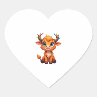 Funny Xmas Cow Lights Boys Girls Cute Highland Cow Hjärtformat Klistermärke