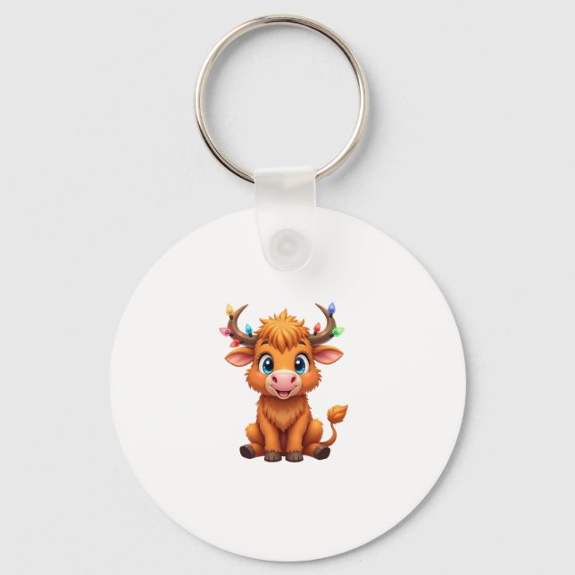 Funny Xmas Cow Lights Boys Girls Cute Highland Cow Nyckelring (Framsida)
