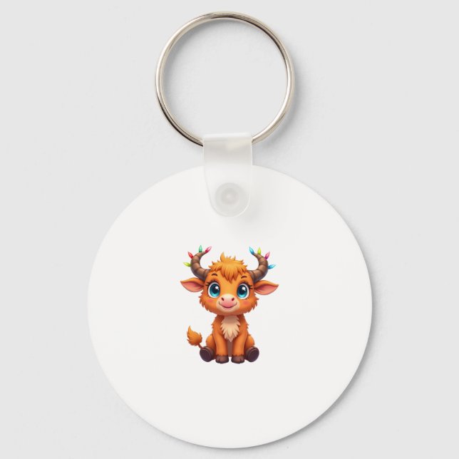 Funny Xmas Cow Lights Boys Girls Cute Highland Cow Nyckelring (Framsida)