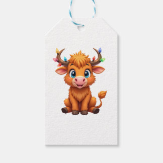 Funny Xmas Cow Lights Boys Girls Cute Highland Cow Presentetikett