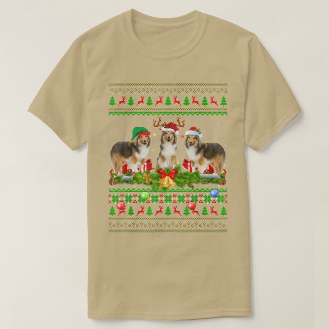 Funny Xmas Lighting Santa Ugly Shetland Sheepdog C T Shirt (Design framsida)