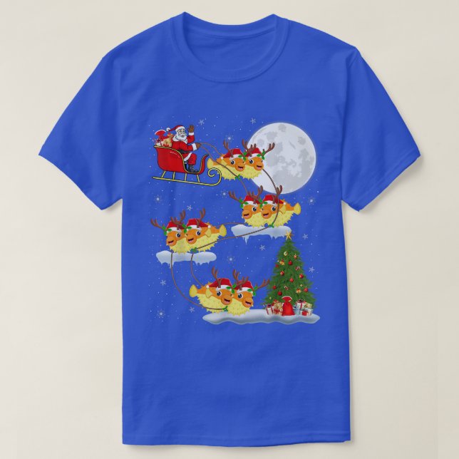 Funny Xmas Lighting Tree Santa Riding Puffer Fish  T Shirt (Design framsida)