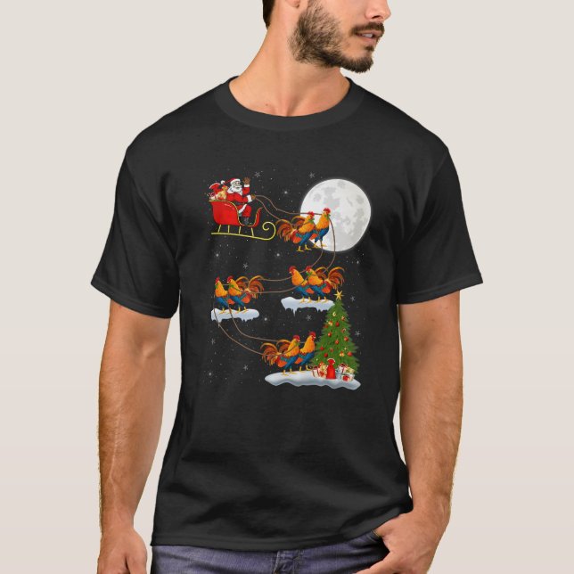 Funny Xmas Lighting Tree Santa Riding Rooster Bird T Shirt (Framsida)