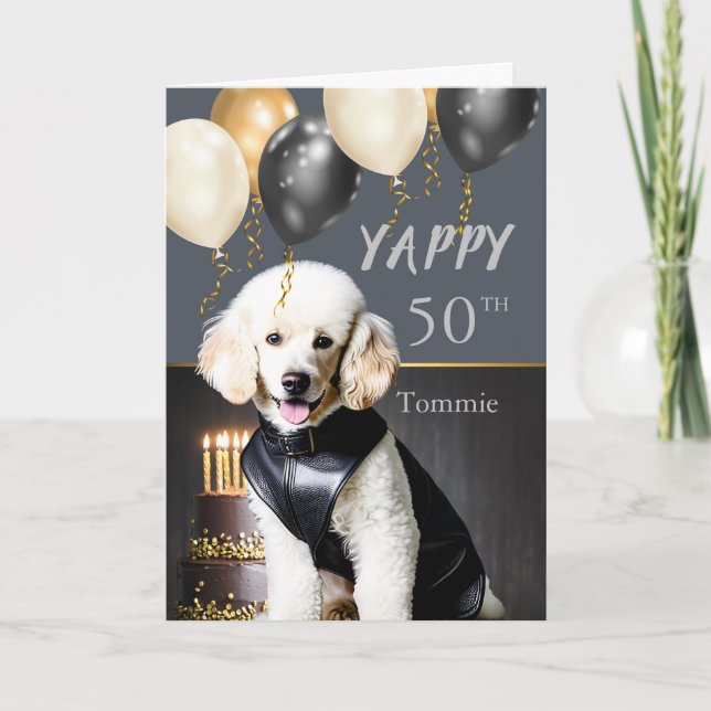 Funny Yappy 50:e födelsedag Vit Pudel i läder Helgkort (Framsida)