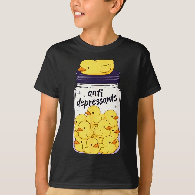 Funny Yellow Duck Anti Depressant Jar Zoo Boys Gir T Shirt (Framsida)