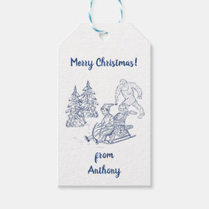 Funny Yeti Monsters Antique Winter Toile Mönster Presentetikett
