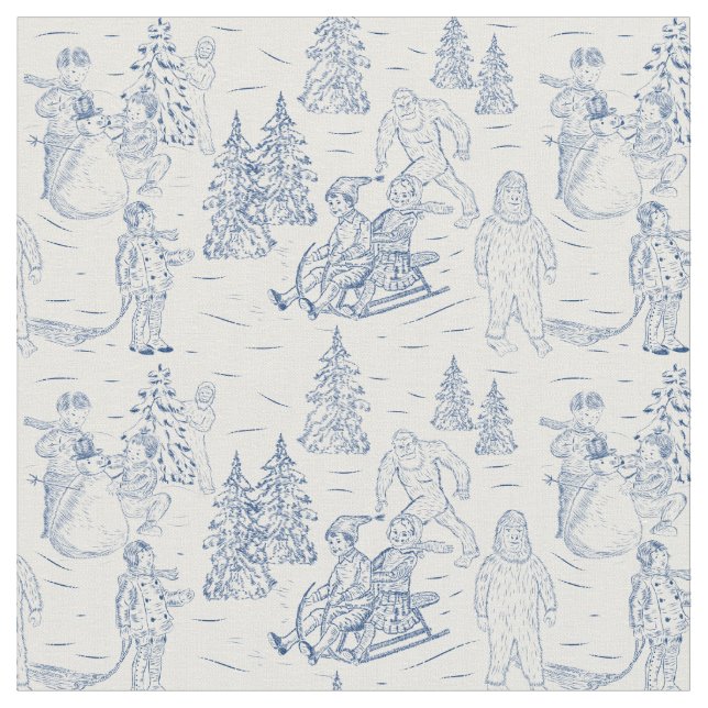 Funny Yeti Monsters Antique Winter Toile Mönster Tyg (Närbild)
