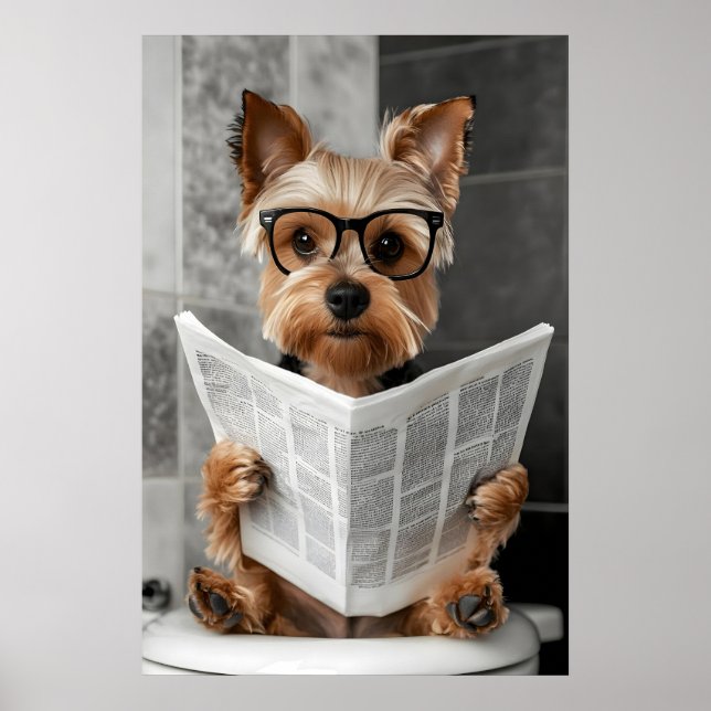 Funny Yorkie Bathroom Print, Reading Newspaper Poster (Framsidan)