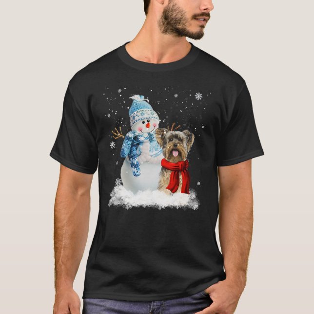 Funny Yorkie Dog Christmas Snowman Christmas Pajam T Shirt (Framsida)
