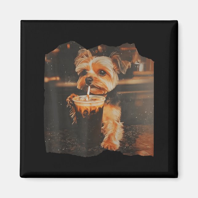 Funny Yorkie Drinking Iced Coffee Cute Dog Meme Magnet (Framsidan)