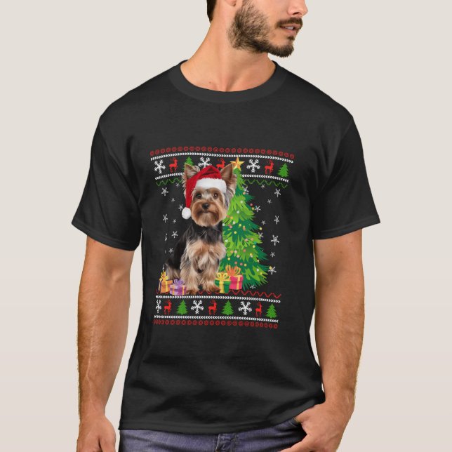 Funny Yorkie Hund Julgran Santa Hat Hund Kärlek T Shirt (Framsida)