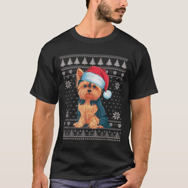 Funny Yorkie Hund Ugly jul Söttomten Julafton T Shirt (Framsida)