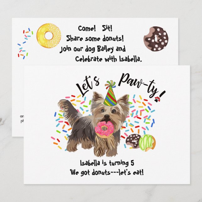 Funny Yorkshire Terrier Hund Donuts Födelsedagsfes Inbjudningar (Fram/baksida)