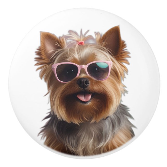 Funny Yorkshire Terrier with Sunglasses Knopp (Framsidan)