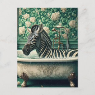 Funny Zebra i Bathtub-Blommigten Bathroom Vykort