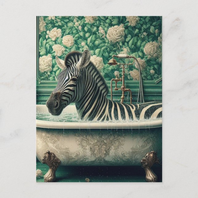 Funny Zebra i Bathtub-Blommigten Bathroom Vykort (Framsida)