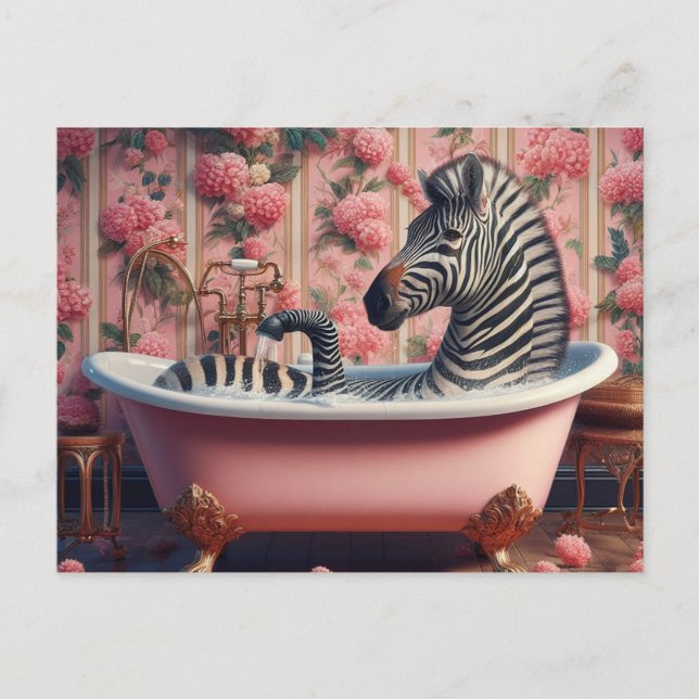 Funny Zebra i Bathtub Rosa Blommigt Bathroom Vykort (Framsida)