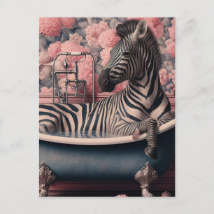 Funny Zebra i ett badkar i Rosa Blommigt Bathroom Vykort