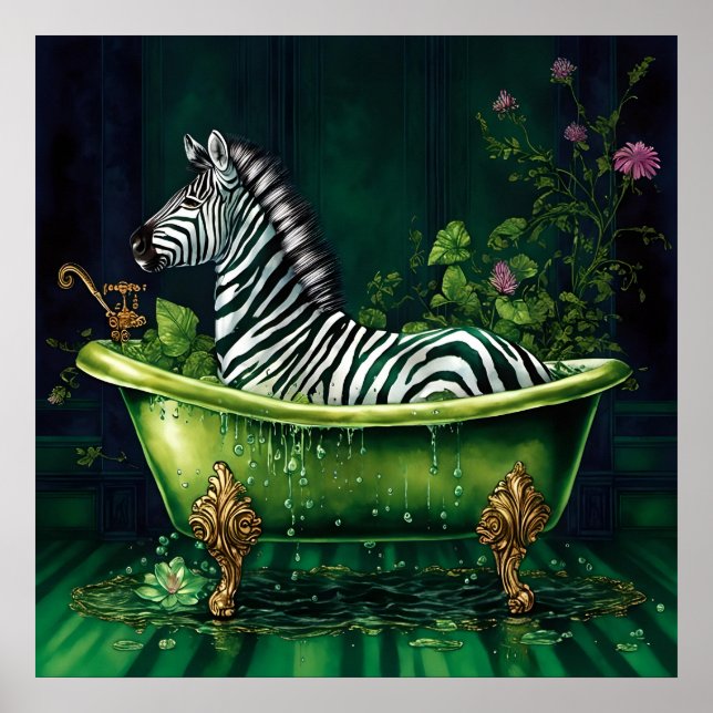 Funny Zebra i Grönten Bathtub Poster (Framsidan)
