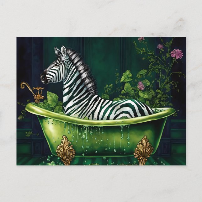 Funny Zebra i Grönten Bathtub Vykort (Framsida)