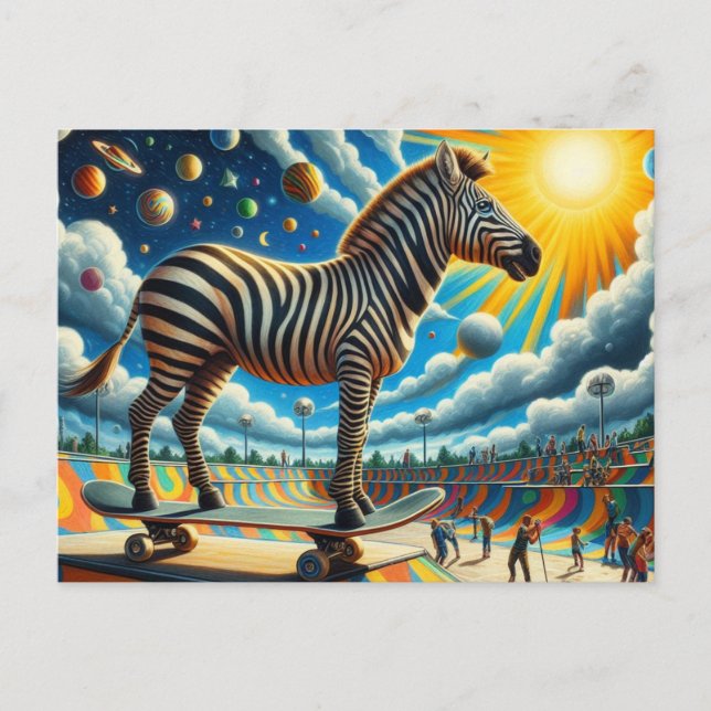 Funny Zebra Skateboarding Surreal Colorful Vykort (Framsida)