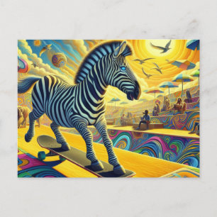 Funny Zebra Skateboarding Vykort
