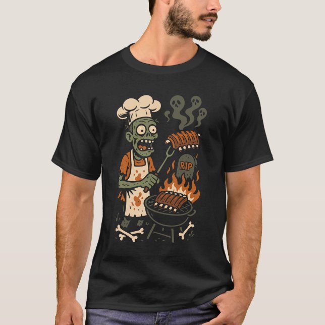 Funny Zombie Grillmaster – Skeleton BBQ Chef Art T Shirt (Framsida)