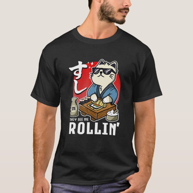 FunnyDe ser mig Rollin Sushi Rolling Cat T Shirt (Framsida)