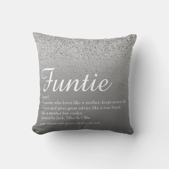 Funtie Moster Auntie Definition Silver Glitter Kudde (Framsida)
