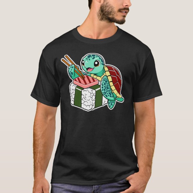 Funy Animal Sea Turtle Eating Spam Musubi T Shirt (Framsida)