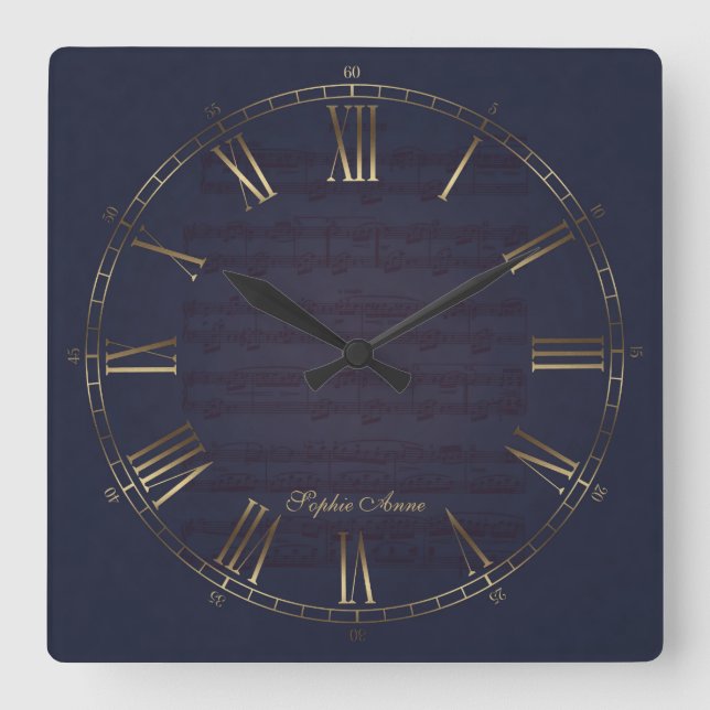 Für Elise Music Guld Navy Blue Roman Monogram Fyrkantig Klocka (Framsida)