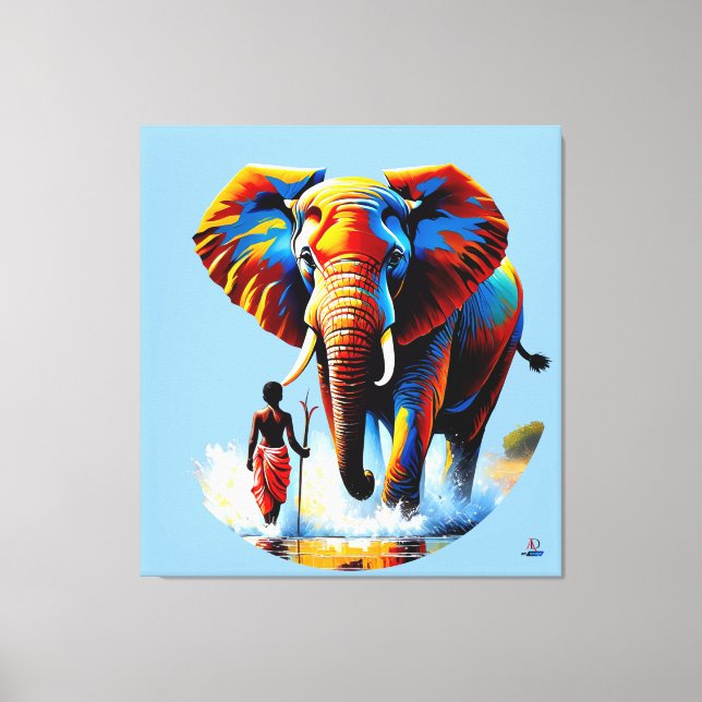 Furchtloser Junge trifft Elefantenbullen Canvastryck (Framsida)