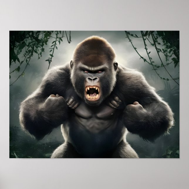 Furious Monkey Gorilla Roaring i Jungle Poster (Framsidan)