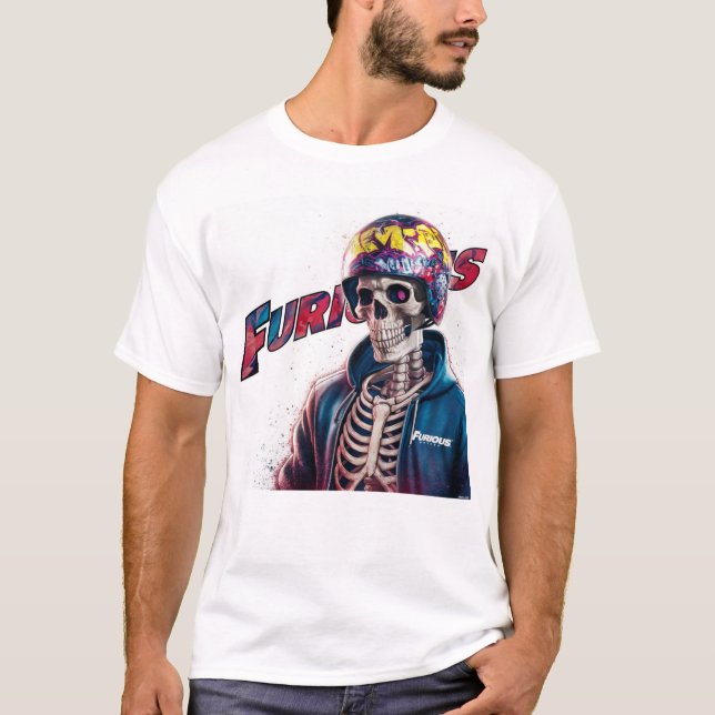 Furir Rider: Edgy Skeleton Biker Art t shirt (Framsida)