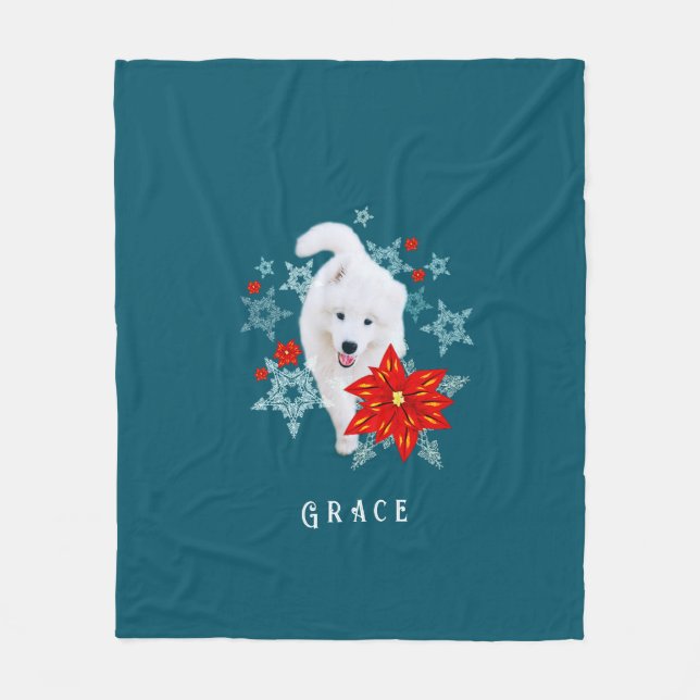 Furry Christmas Dog Samoyed personalized Fleecefilt (Framsidan)