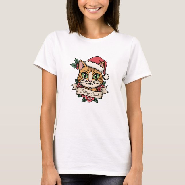 Furry Claus: Vintage Christmas Cat Shirt T Shirt (Framsida)