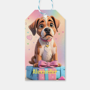 Furry Friends Boxer Valp med Färgglada Gåvor Presentetikett