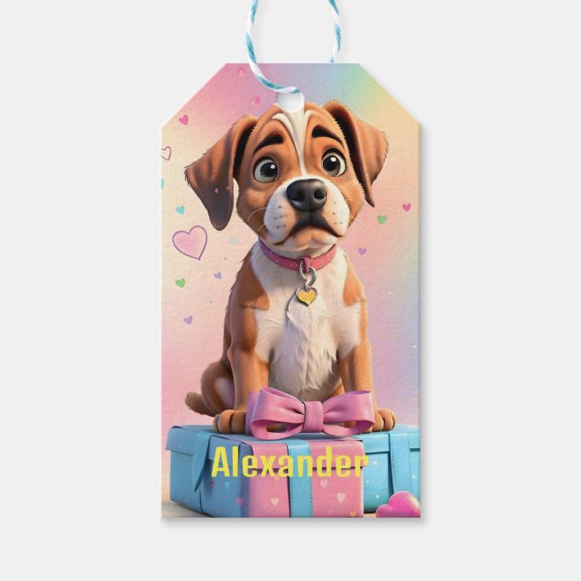 Furry Friends Boxer Valp med Färgglada Gåvor Presentetikett (Framsidan)