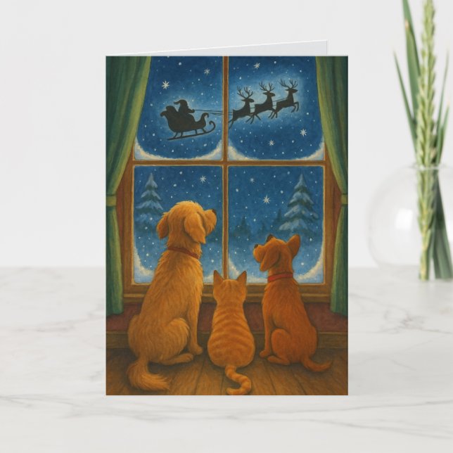 Furry vänner tittar på tomte anpassad julkort kort (Framsida)