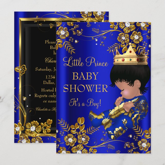 Furstlig pojke baby shower blå guld inbjudan (Fram/baksida)