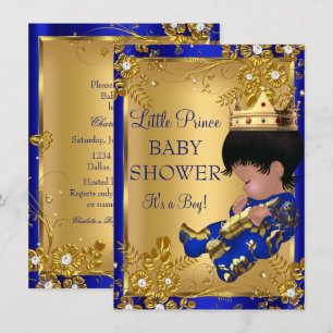 Furstlig pojke baby shower guld & blå inbjudan