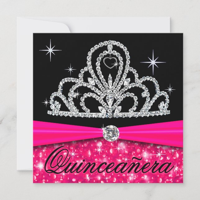 Fuschia Black Quinceanera Prinsessan Tiara Bling Inbjudningar (Framsida)