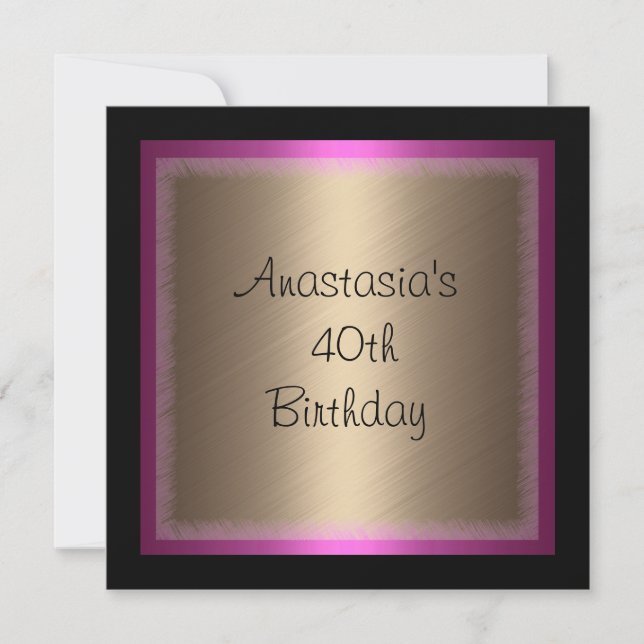 Fuschia Brons Glamour på Svart 40-årsdag Inbjudningar (Framsida)