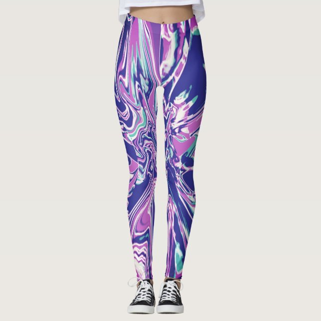 Fuschia Lila Aqua White Psychedelic Flower Leggings (Framsida)