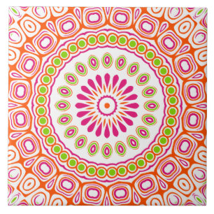 Fuschia Orange och Grön Livlig Mandala Mönster Kakelplatta